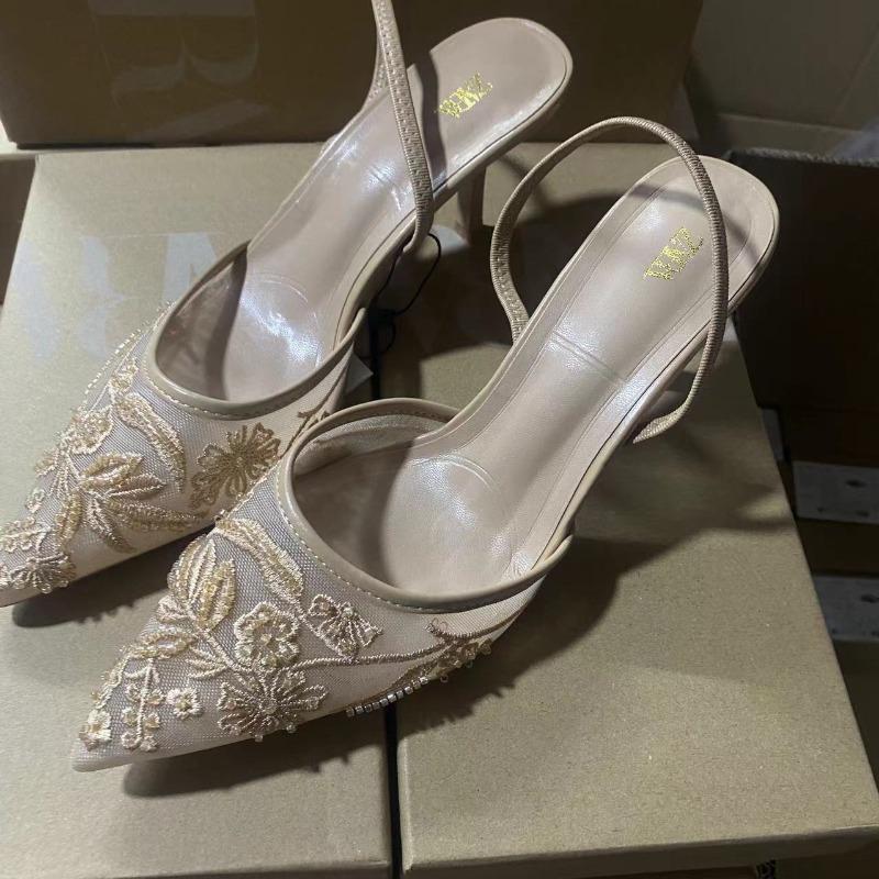 Ladies Flower Mesh Open Heel Sandals Shoes Sexy Designer High Heel Pointed Toe Stiletto Pumps Mules women sandals