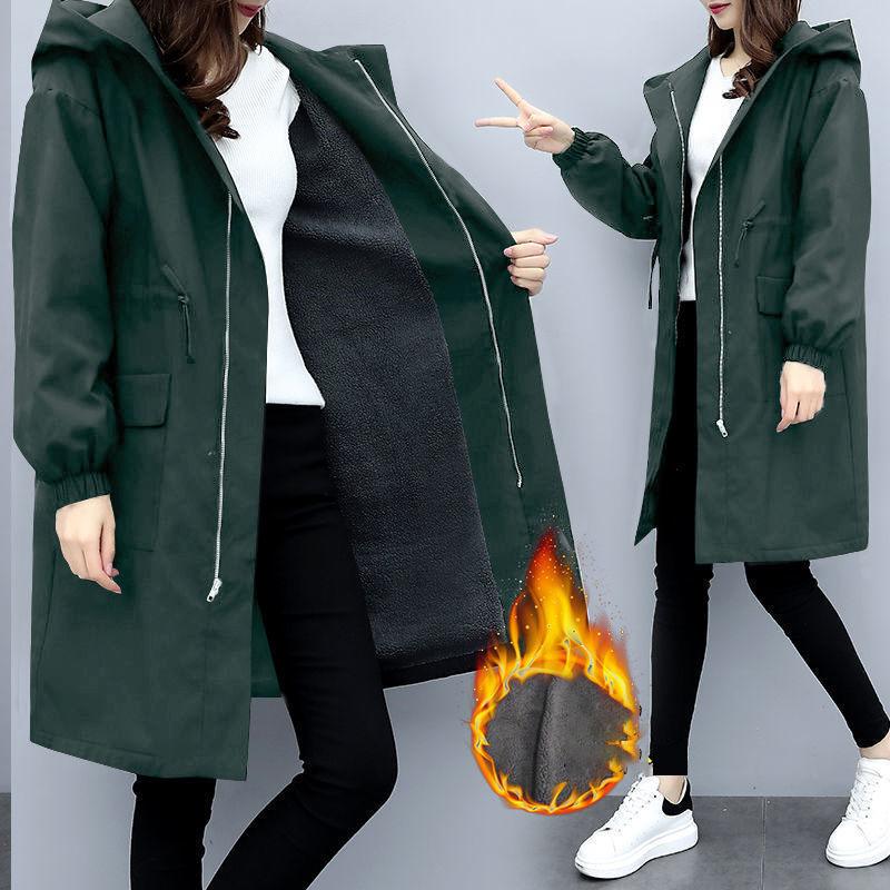 Trench Coats Women Autumn Winter Hooded Drawstring Pocket Zipper Long Outwear Plus Size Elegant Ladies Thicken Windbreaker Coats