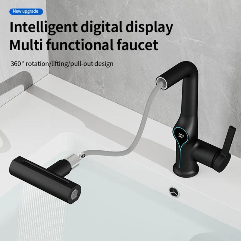 A25F-For Bathroom Waterfall Faucet Basin Digital Temperature Display Lift Up Down Stream Hot Cold Water Sink Mixer Tap