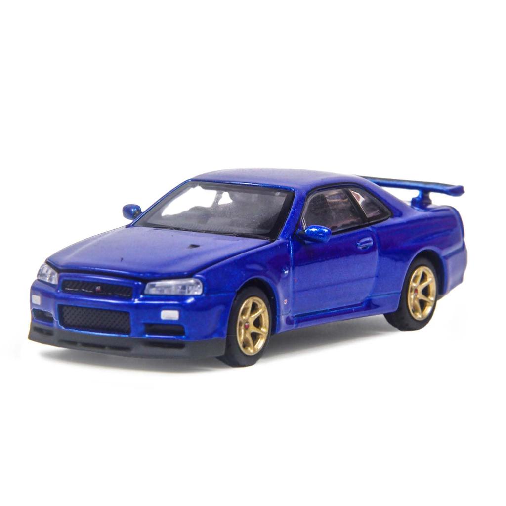 PAUDI MODEL Scale Diecast Model Car R34 Skyline 2000 Nissan V Spec II 1/64 GT-R (Blue)