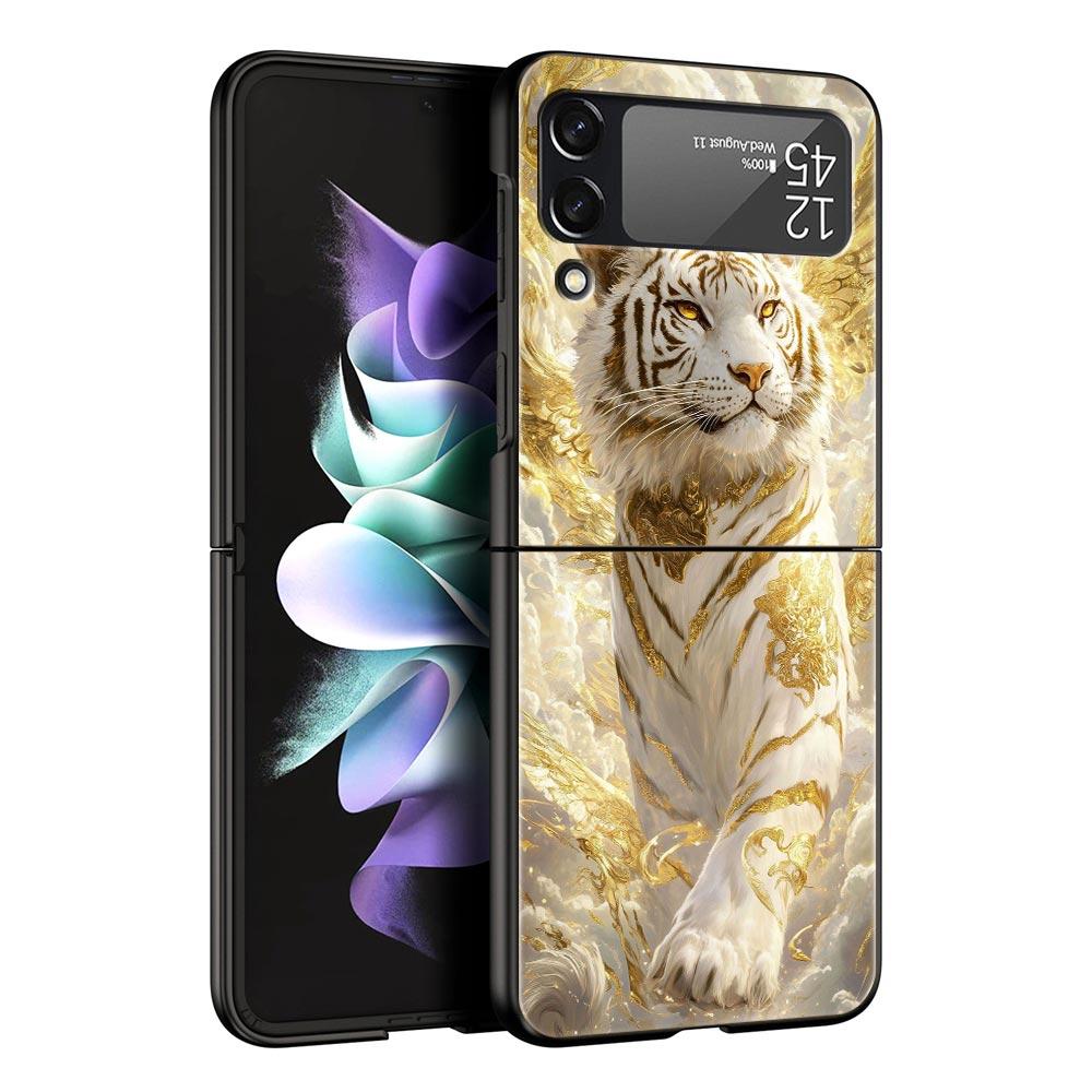 Phone Case for Samsung Galaxy Z Flip 3 4 5 6 7 Folding Black Shell For Samsung Z Flip4 Flip5 PC Hard Cover Animal White Tiger