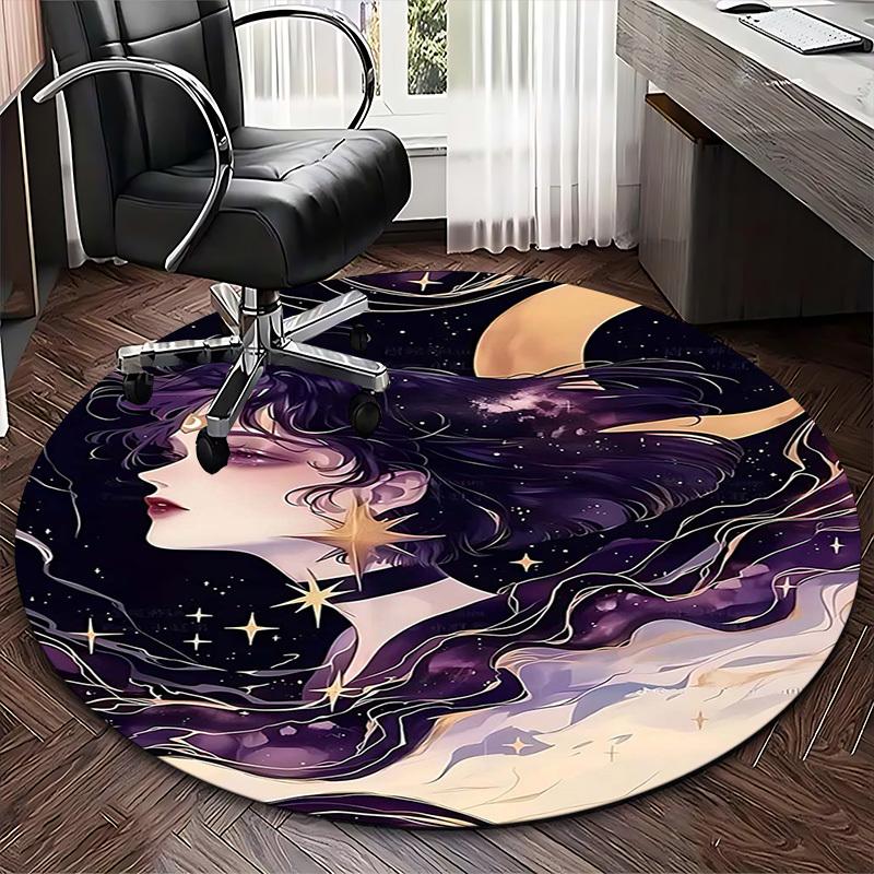 1pc Anime Design Round Carpet Office Chair Mat, Non Slip Rug with Starry Sky and Moon Print for Home Decor