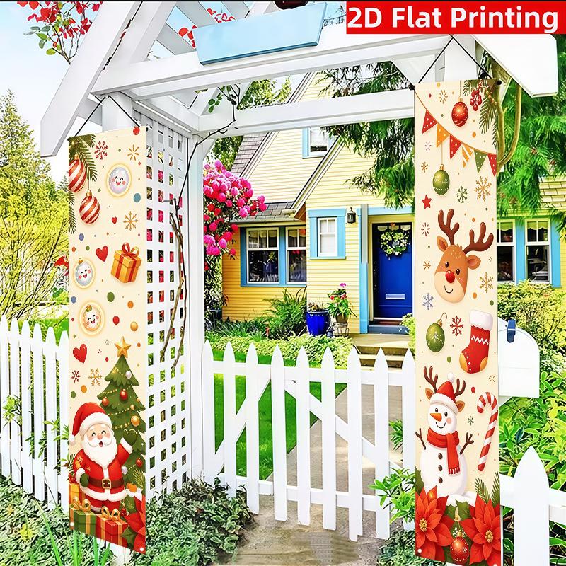 2D Flat, 2D Flat 2pcs (11.8*70.8 Inches/30*180cm) Party Banner Pennant Flag, Material, Beige Background with Cartoon Santa Claus, Snowman, and Reindee
