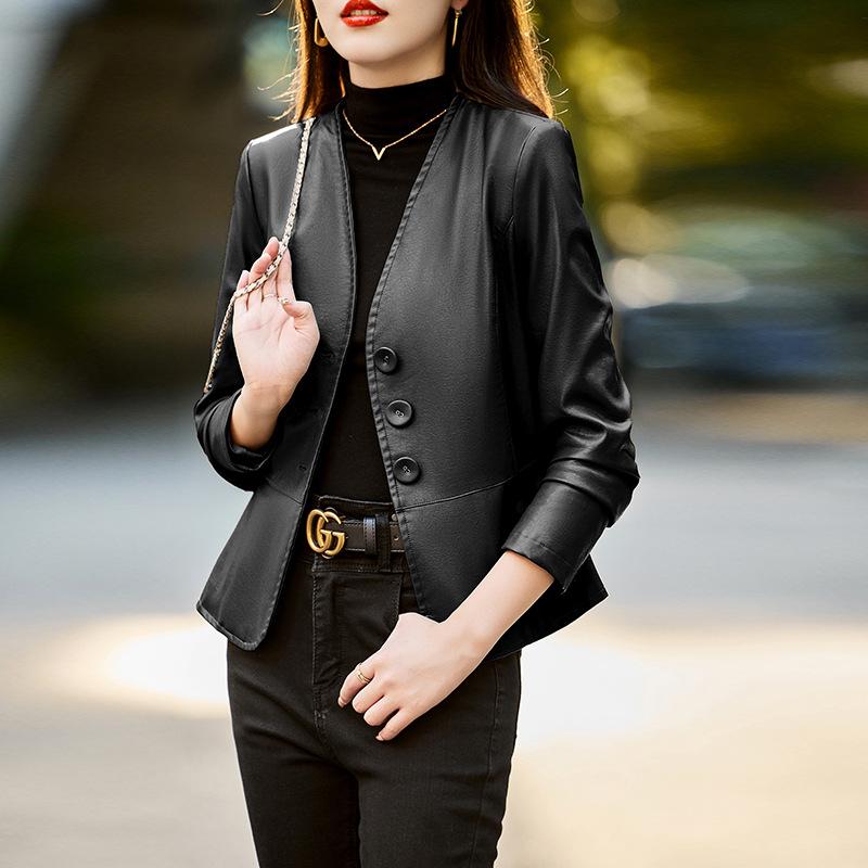 

Хуа Гэ Ди Цин овечья кожаная куртка женская повседневная кожаная куртка тонкая кожаная куртка женская M