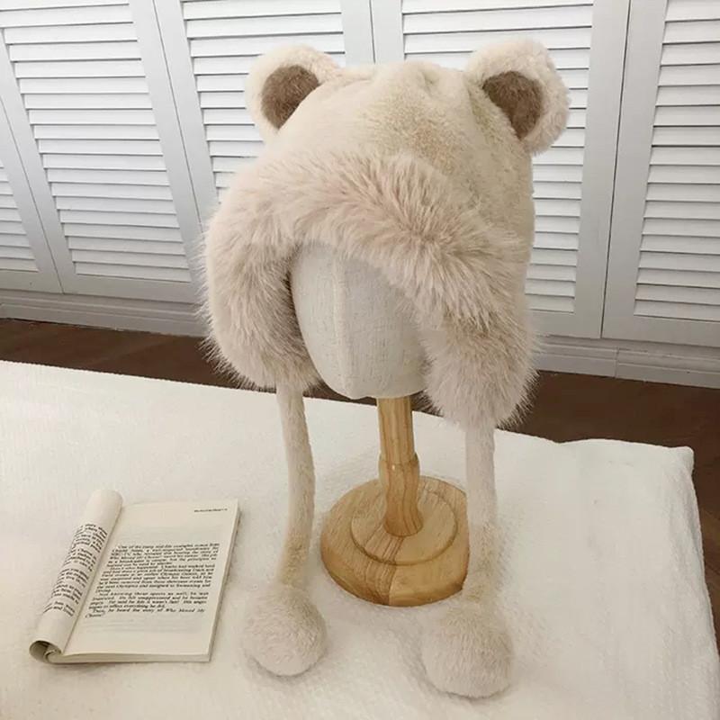 Cute Bear Ear Plush Hat Thickened Warm Winter Knit Cap Fashionable Small Lei Feng Hat