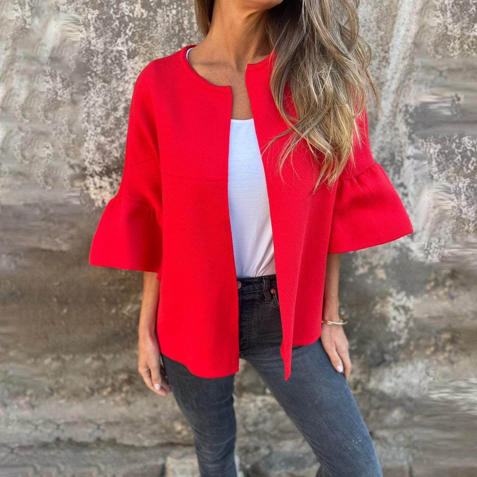 

Женская повседневная короткая куртка-кардиган с круглым вырезом и рукавами 3/4 XL красный