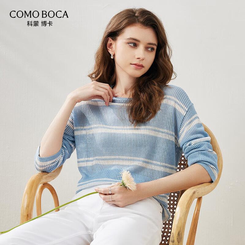 Women's Round Neck Striped Linen Blend Long Sleeve Loose Fit Top