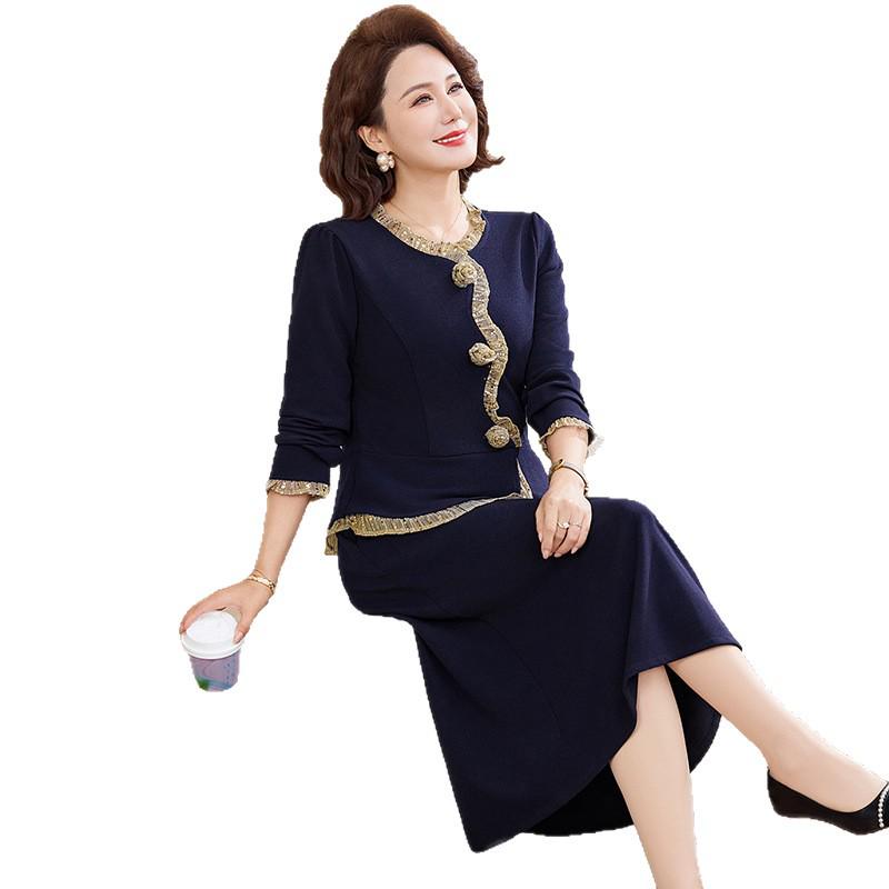 2026 Fashionable Slimming Spring/Autumn Fake Two-Piece Long Sleeve Dress for Middle-Aged Women