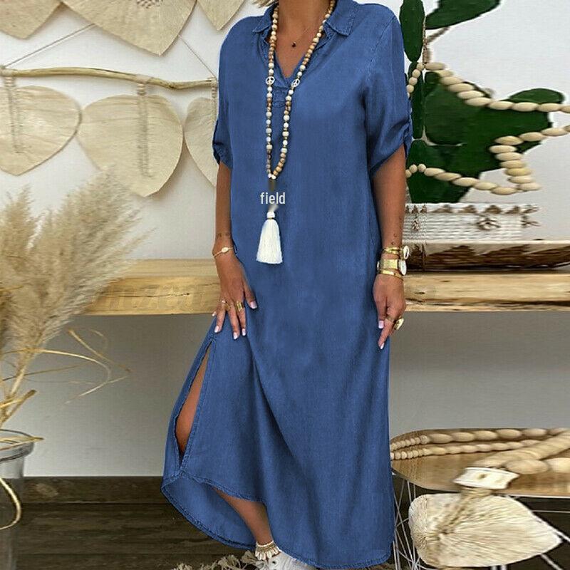 2024 Plus Size Women's Solid Color Denim Dress for Europe and America