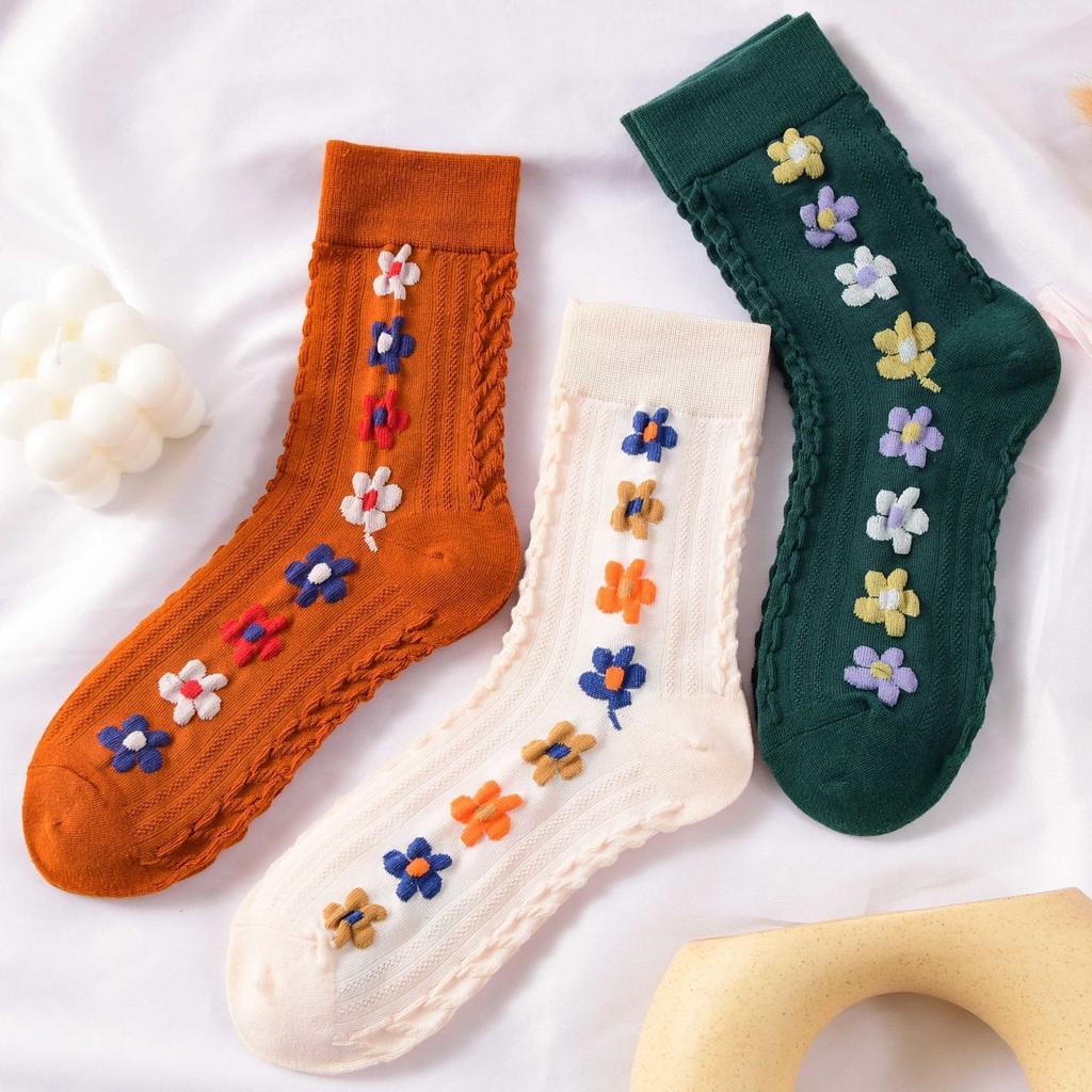 3/5pcs Spring Autumn Japanese Harajuku Woman Socks Cotton with Flowers Funny Socks Women Korean Style Kawaii Girls Calcetines Mujer