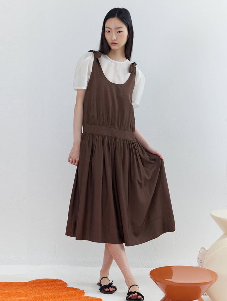 Opening Sunshine Ribbon Shoulder Shirred Sleeveless Dress Brown