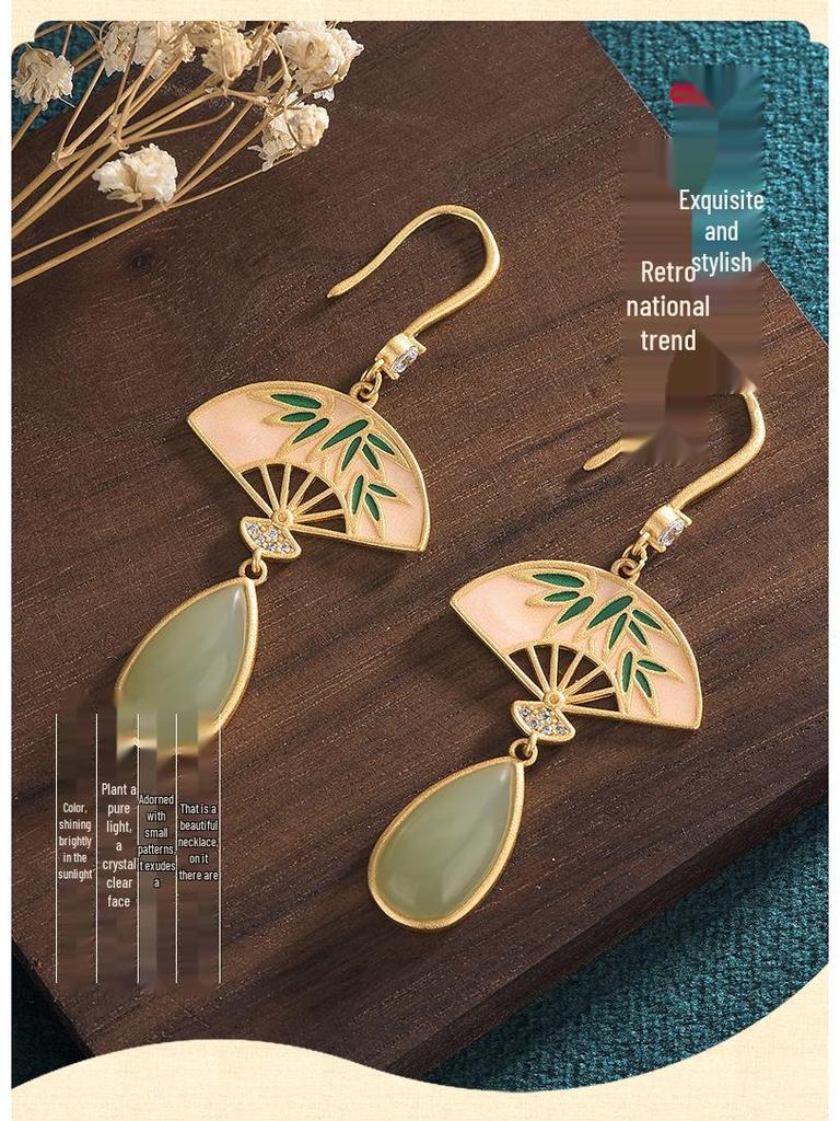Aieryuan Gold-Plated Enamel Court Fan Earrings with Imitation Hetian Jade