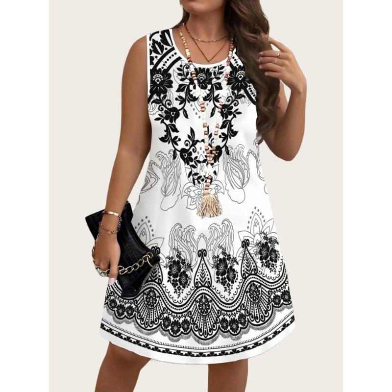 Ethnic Style Vintage Dresses Summer Women's Dresses Plus Size Sundress Casual Tank Dress Beach Flowers 3D Printed Dress