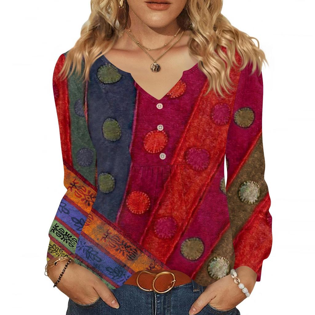 Women's Fashionable Casual V-neck Blouse Button Long-sleeved Pullover T-shirt Top
