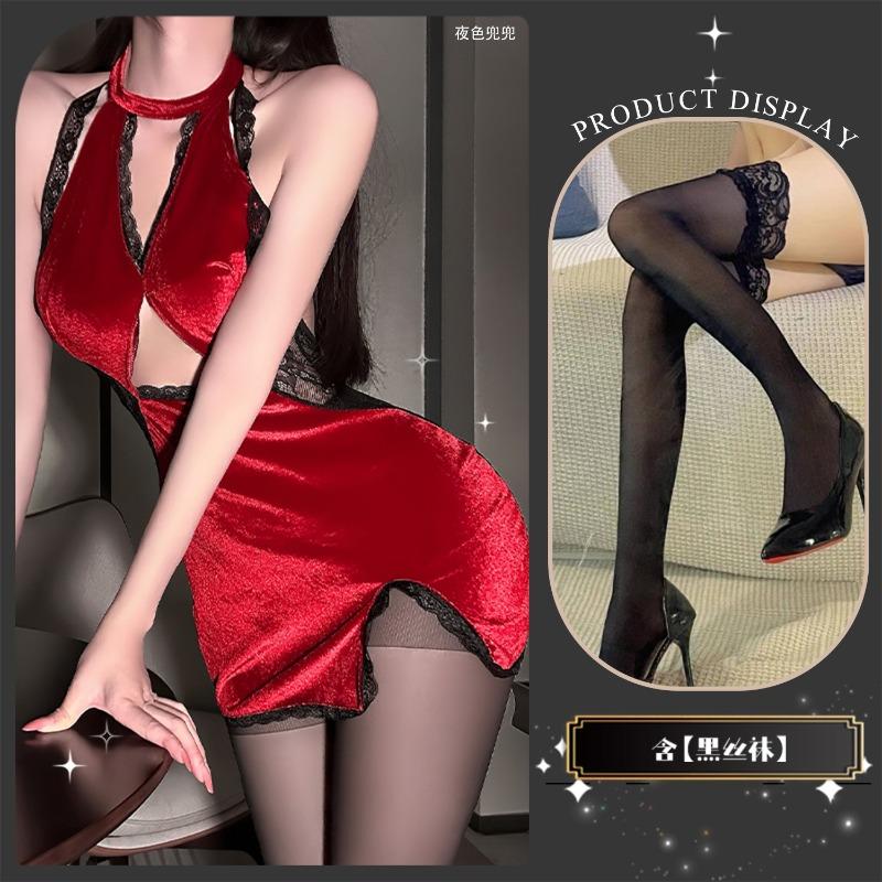 Sexy underwear sexy hot lace splicing velvet temperament gathering and thin purple classical neck cheongsam