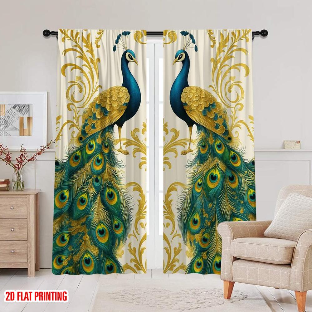 2pcs,2D Plane Printing Curtains Digital Printed Regal Peacocks Versatile Polyester Fabric (without Rod) All Seasons for Living