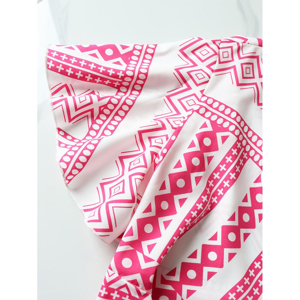 Foreign Trade Europe and America Fat Mm Vacation Sunscreen Top Pink and White Geometric Pattern Sexy Top V-neck Knotted Ruffle Edge Short Sleeve