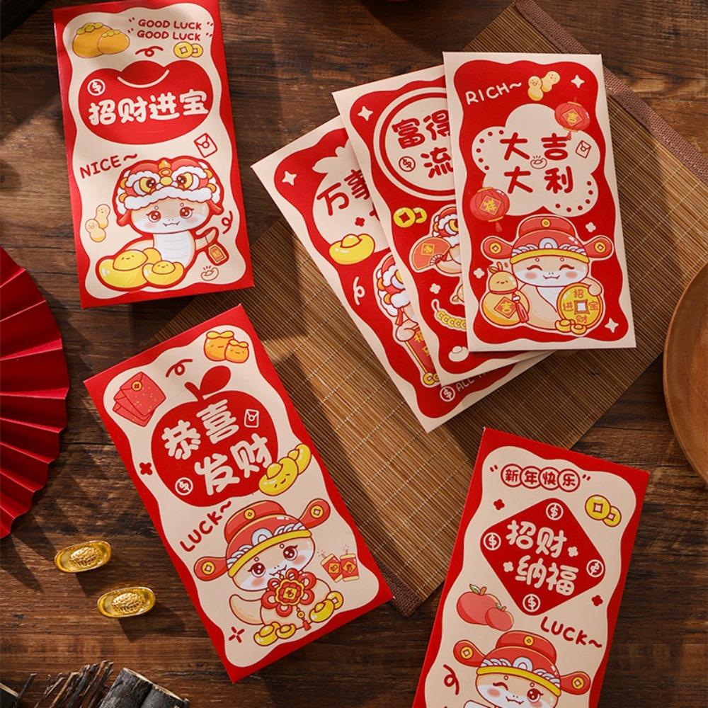 6PCS Chinese New Year Red Envelope Blessing Spring Festival Snake Pattern Money Envelope Money Bags Best Wishes