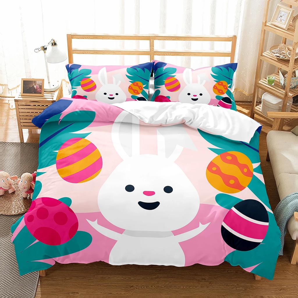 Happy Easter Duvet Eggs Rabbit Pattern Polyester Comforter Cover Festival Gifts for Kids Boys Girls Bedding Set with Pillowcase