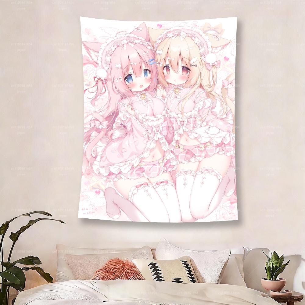 2D Anime Girl Tapestry Super Cute Kawaii Gaming Style Pink Theme Wall Hanging Printed Art for Bedroom Room Indoor Home Wall