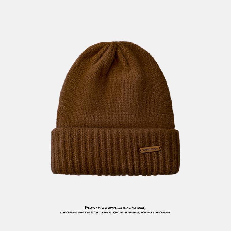 

Wool Warm Pile Hat Women s Autumn and Winter Korean Style Trendy Metal Label Knitted Hat Men s Face Revealing Small Loose Thick Wool Hat One Size