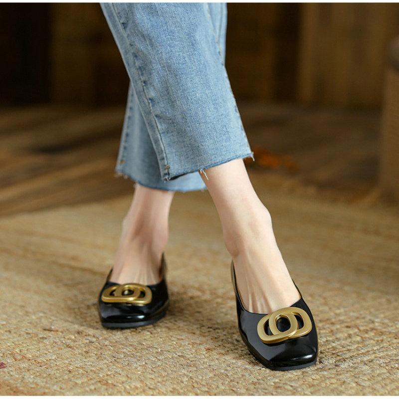 Fashion Flat Shoes for Women 2025 New Spring Autumn Flat Shallow Mouth Square Toe Retro Round Buckle Flat Heel Plus Size Women's Shoes