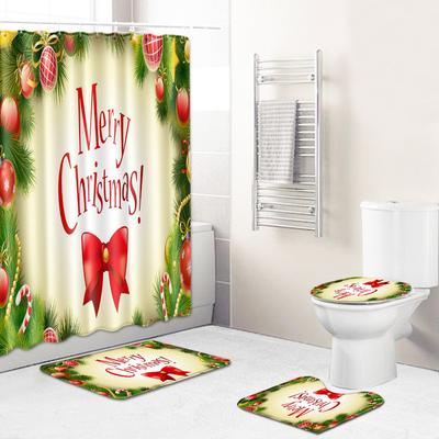 Weihnachts-Duschvorhang Bodenmatten-Kombination Vier-teiliges Set Badezimmer Toilette Teppich Duschkabinenmatte Fußmatte