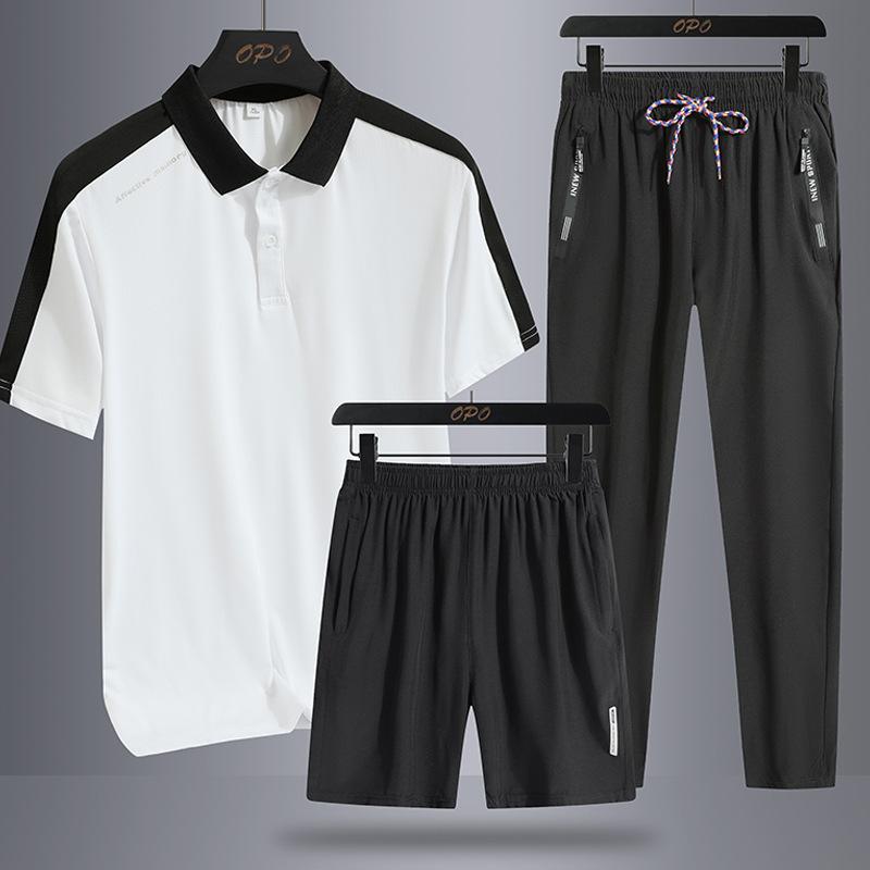 

Спортивный комплект, мужской повседневный крутой и дышащий эластичный поло с короткими рукавами, летний комплект из трех предметов, мужская одежда XXXL белый