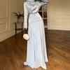 Cross-border European and American Women's Clothing Light Blue Solid Color Boat Collar Long-sleeved Waist Top Casual Pleated Skirt Set