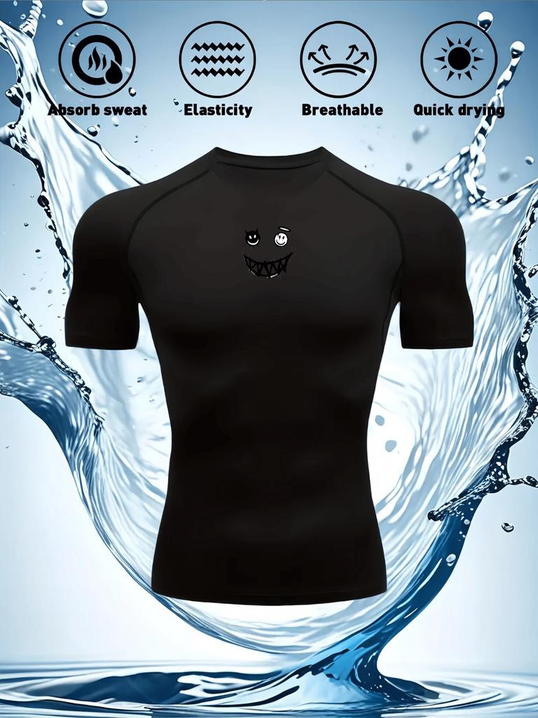 Men's Compression Shirt Quick Dry White Gym T-Shirt Black Grinning Monster Print Workout Sportswear