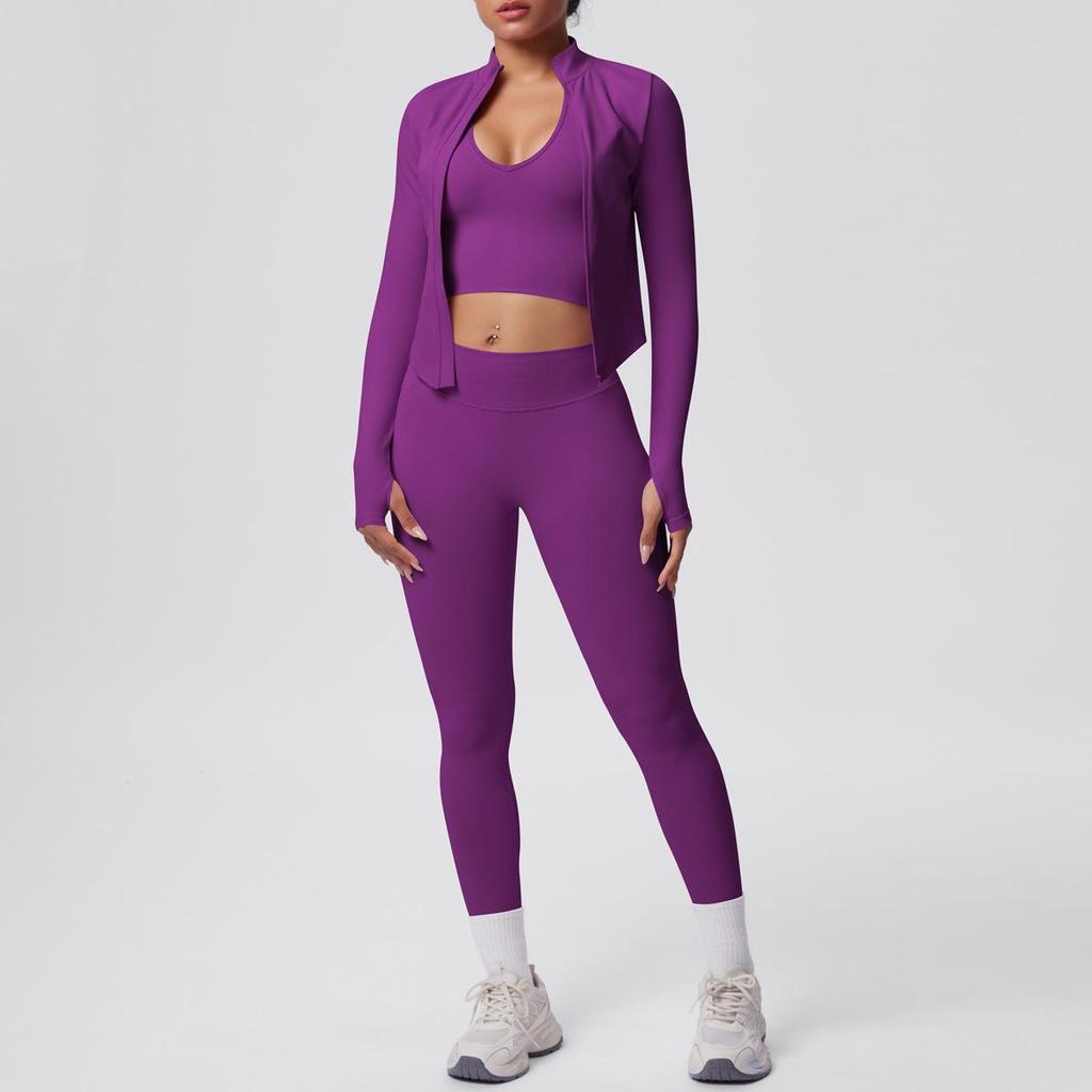Women's Stand Collar Knit Zipper Jacket, Sports Bra & Yoga Pants Set