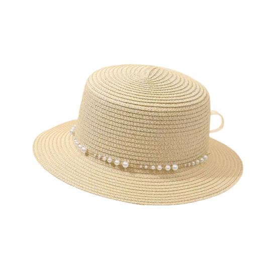 

Beach Hat Wide Brim Flat Top Imitation Pearls Trim Tulle Bow Decor Straw Hat Lightweight Breathable Sun Protection Hat L