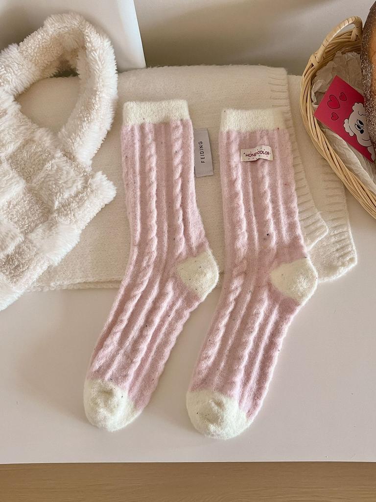 Socks Women's Winter Maillard Color Warm Plush Thickened Plush Striped Medium Tube Socks Home Sleeping Socks