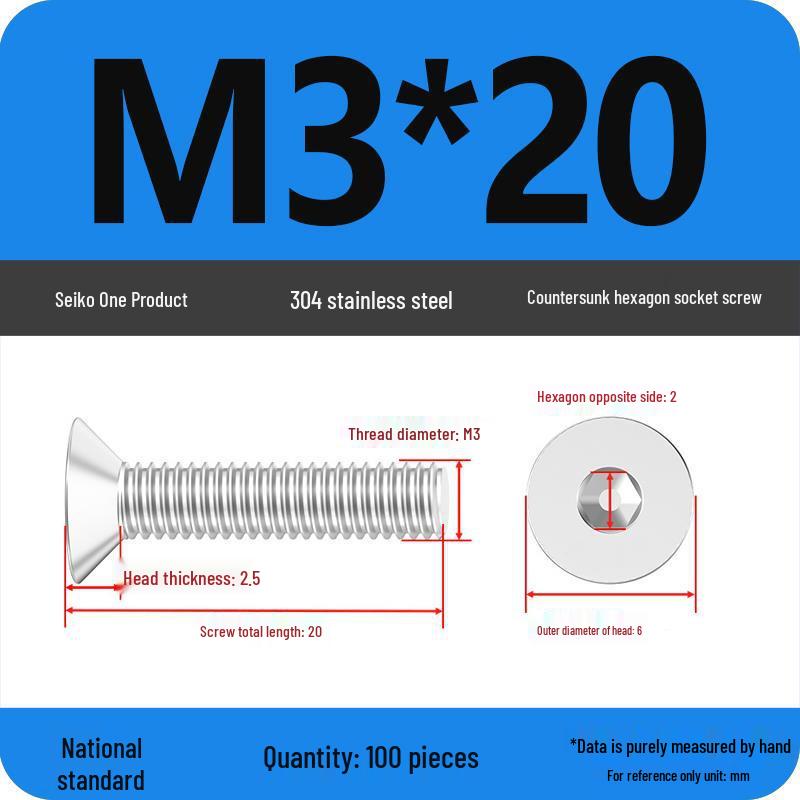 M2-M10 Stainless Steel Flat Head Machine Screws and Bolts Set, Countersunk Hex Socket Cap, 304 Grade.
