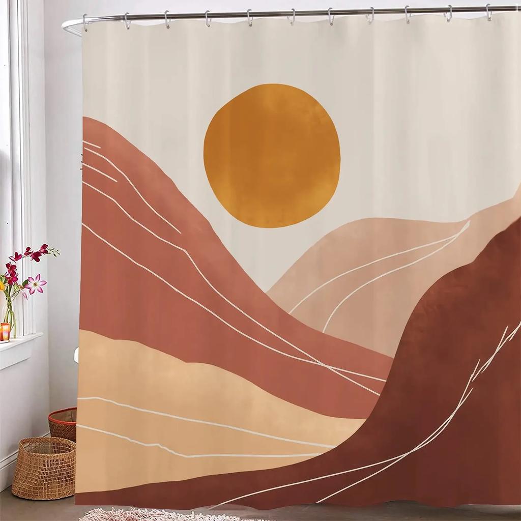 Mountain Shower Curtain,Teal Bathroom Shower Curtain, Cool Nature Watercolor Misty Forest Sun Sunset Landscape Shower Curtains