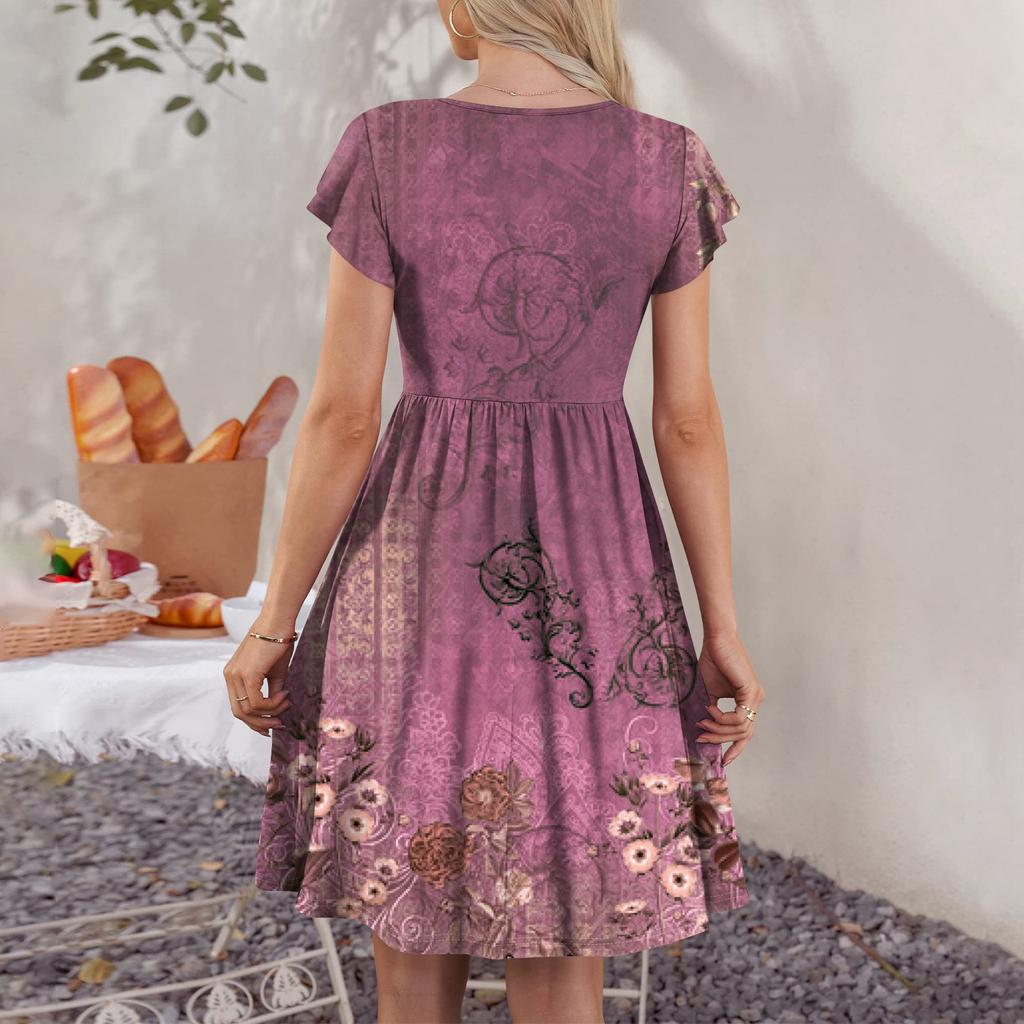 Women's Round Neck Summer Fly Sleeve Casual Printed Loose Button Pocket Midi Dresses