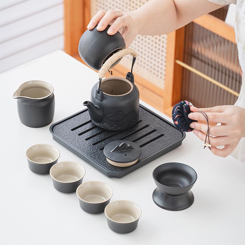 Shanhai Coarse Pottery Lifting Beam Pot, One Pot of Four Cups, Portable Tea Set for Outdoor Travel