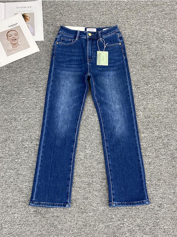 

Autumn/Winter Women s High-Waisted Stretch Slimming Straight Jeans - Washed, Skin-Friendly, Plus Velvet, Warm, Nine-Point Denim Pants. 25 темно-синий