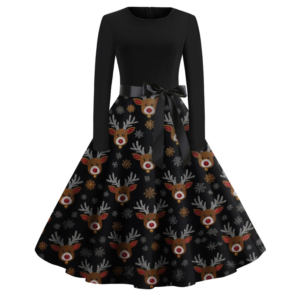 Damenmode Rundhals Lässig Slim Fit Weihnachtsdruck Weit schwingendes Langarmkleid