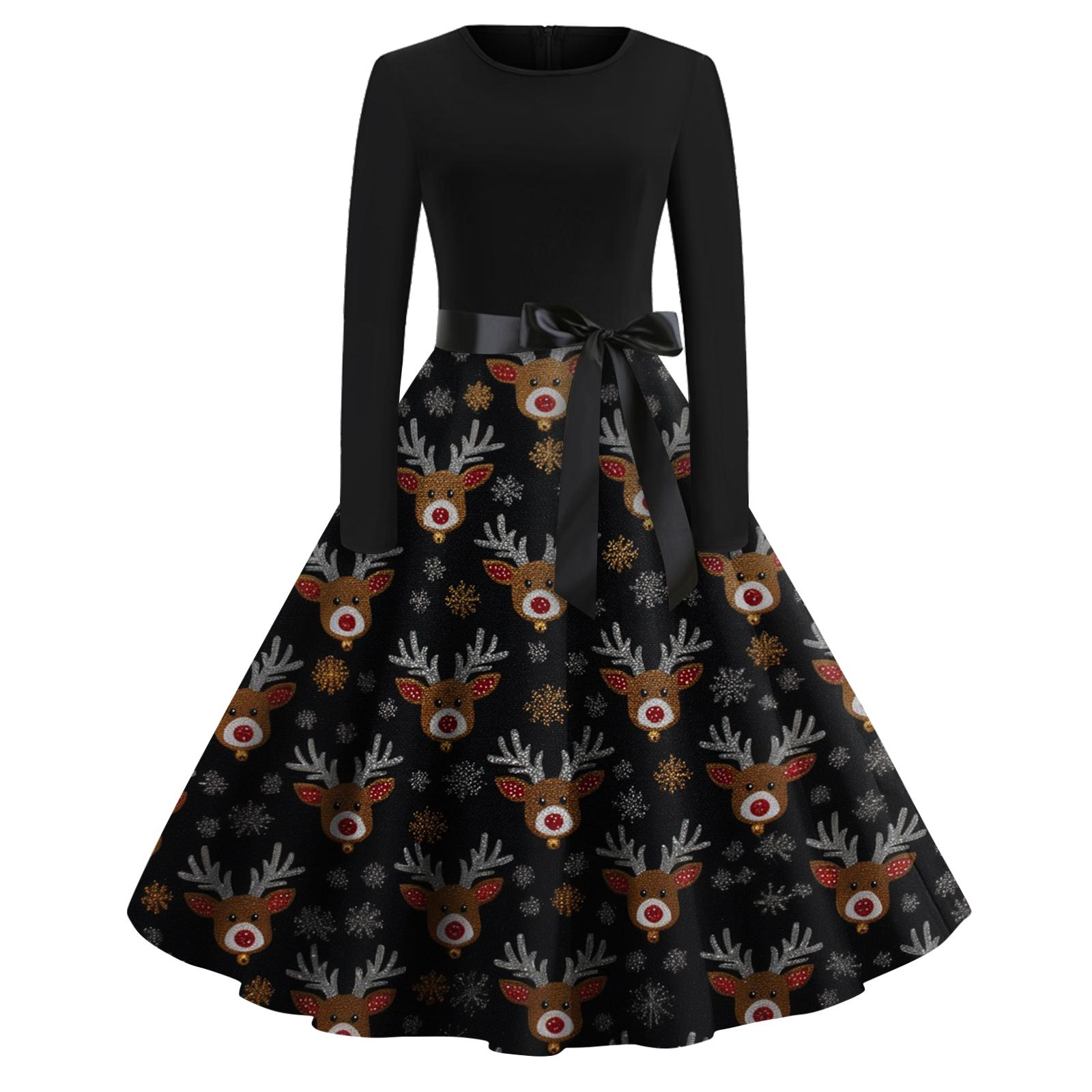 

Женское модное повседневное платье приталенного кроя с круглым вырезом, рождественским принтом и длинными рукавами XXL чёрный