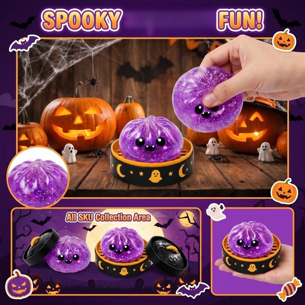 Halloween Squishy Toy with Steamer Container Soft Slow Rising Stress Relief Squeeze Toy for Kids and Adults Sensory Fidget Toy