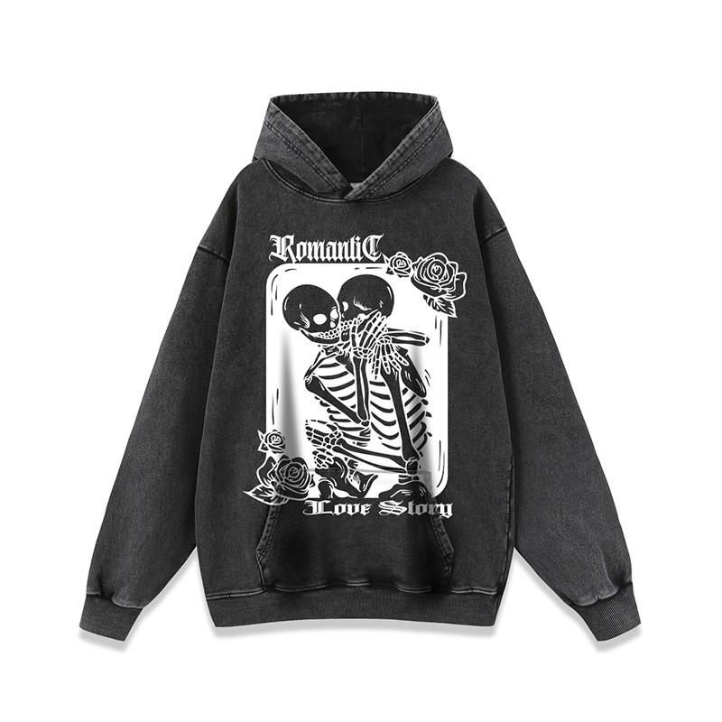 Mens Oversized Washed Cotton Hoodie With Skull Print - Loose Fit Streetwear Long Sleeve Sweatshirt Winter Casual Wear