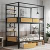Bunk Bed, Iron + MDF, Double Shelf Board On the Side, Storage Space Under Bed, Bed Curtain Can Be Attached To Upper Bed, Black + Natural, 90x200cm