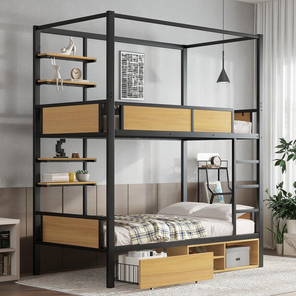 Bunk Bed, Iron + MDF, Double Shelf Board On the Side, Storage Space Under Bed, Bed Curtain Can Be Attached To Upper Bed, Black + Natural, 90x200cm