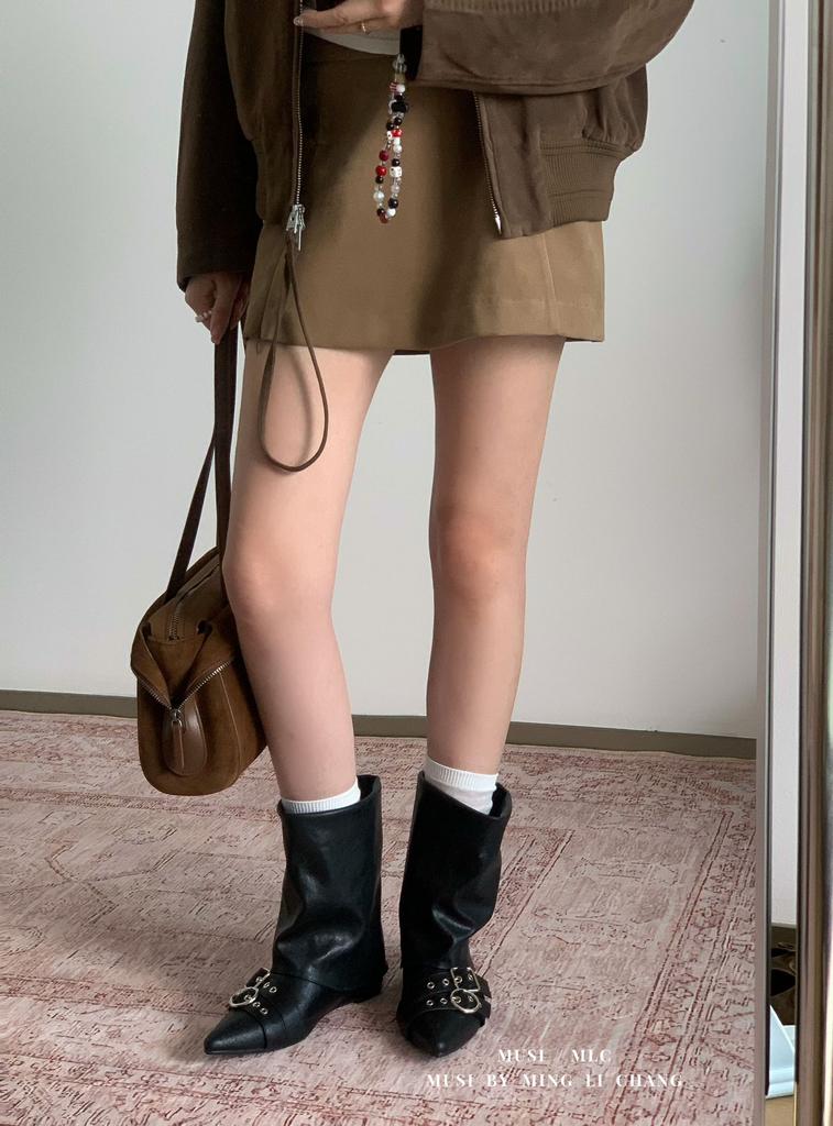 Autumn and winter new inner height increase pointed double belt buckle knight boots fashionable mid boots Martin boots
