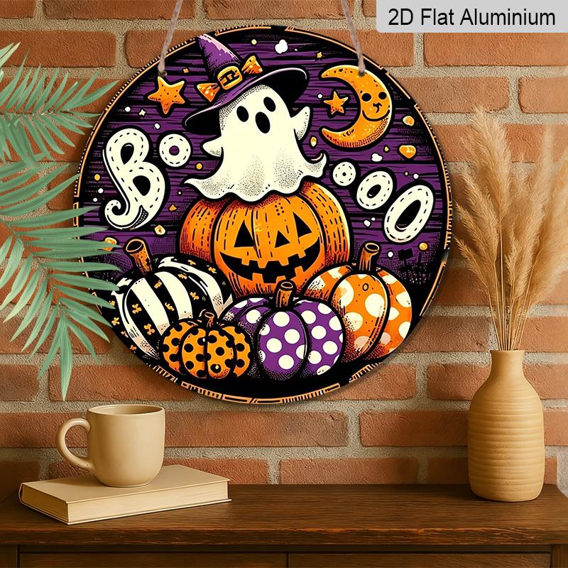 2D Flat, 1pc Round Waterproof Aluminum Halloween Boo Ghost Metal Sign, Cute Witch Hat Ghost Pumpkin Moon Plaque, Wreath Center Ornament, Front Door
