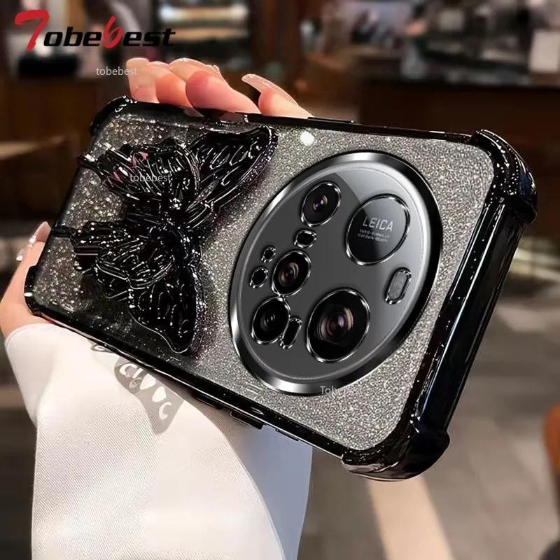 Shockproof Glitter Plating Case for Xiaomi 15 Ultra 14 14T 13 12 11 Pro Lite 3D Butterfly Phone Holder Bead bracelet Back Cover