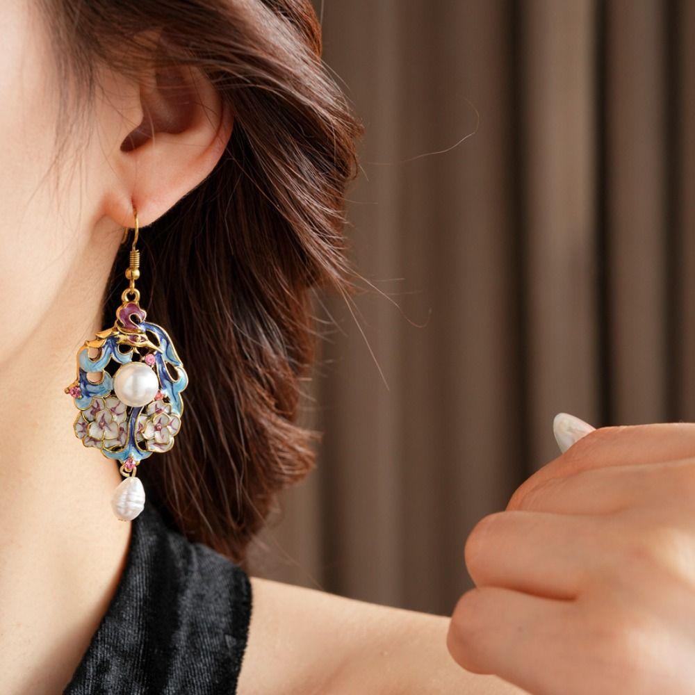 Exquisite Vintage Earrings Flower Chinese Style Earrings Retro Cloisonne Drop Earrings  Hanfu