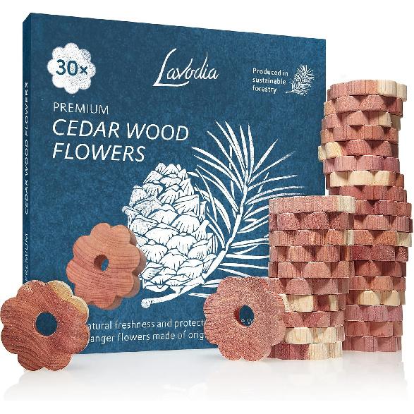 Cedar Wood Closet Freshener for Clothes Hangers, 30 Wooden Flowers for Wardrobe Closet - Cedarwood Hangers - Wood Ring Pack - Clothes Refresher -