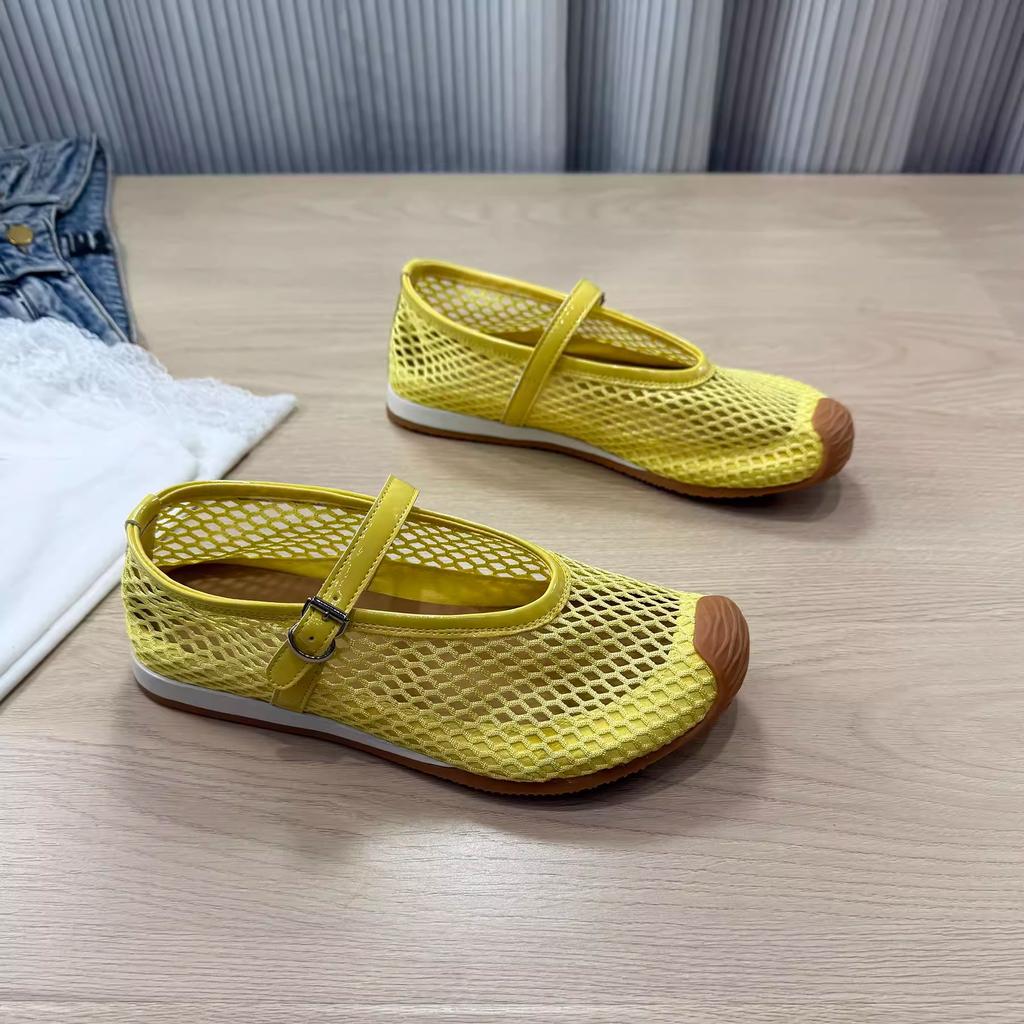 Summer hollow mesh ballet single shoes women's soft sole 2025 new one-word strap flat heel breathable Mary Jane sandals